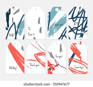 Hand drawn creative tags. Universal shopping, sales, advertising, price tags and product label templates isolated. Abstract artistic doodles. Roughly drawn bright trendy textures. Vector isolated
