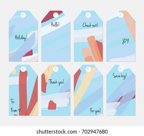 Hand drawn creative tags. Universal shopping, sales, advertising, price tags and product label templates isolated. Abstract artistic doodles. Roughly drawn bright trendy textures. Vector isolated