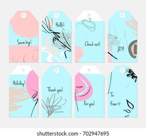 Hand drawn creative tags. Universal shopping, sales, advertising, price tags and product label templates isolated. Abstract artistic doodles. Roughly drawn bright trendy textures. Vector isolated
