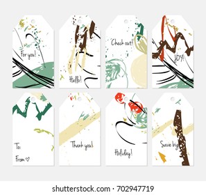 Hand drawn creative tags. Universal shopping, sales, advertising, price tags and product label templates isolated. Abstract artistic doodles. Roughly drawn bright trendy textures. Vector isolated