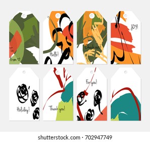 Hand drawn creative tags. Universal shopping, sales, advertising, price tags and product label templates isolated. Abstract artistic doodles. Roughly drawn bright trendy textures. Vector isolated