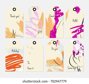 Hand drawn creative tags. Universal shopping, sales, advertising, price tags and product label templates isolated. Abstract artistic doodles. Roughly drawn bright trendy textures. Vector isolated