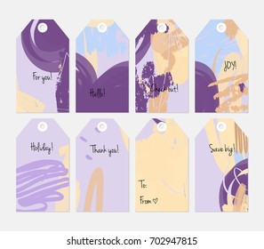 Hand drawn creative tags. Universal shopping, sales, advertising, price tags and product label templates isolated. Abstract artistic doodles. Roughly drawn bright trendy textures. Vector isolated