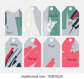 Hand drawn creative tags. Universal shopping, sales, advertising, price tags and product label templates isolated. Abstract artistic doodles. Roughly drawn bright trendy textures. Vector isolated