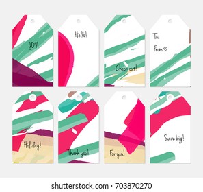 Hand drawn creative tags. Universal shopping, sales, advertising, price tags and product label templates isolated. Abstract artistic doodles. Roughly drawn bright trendy textures. Vector isolated