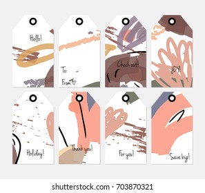 Hand drawn creative tags. Universal shopping, sales, advertising, price tags and product label templates isolated. Abstract artistic doodles. Roughly drawn bright trendy textures. Vector isolated