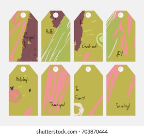 Hand drawn creative tags. Universal shopping, sales, advertising, price tags and product label templates isolated. Abstract artistic doodles. Roughly drawn bright trendy textures. Vector isolated