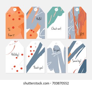Hand drawn creative tags. Universal shopping, sales, advertising, price tags and product label templates isolated. Abstract artistic doodles. Roughly drawn bright trendy textures. Vector isolated