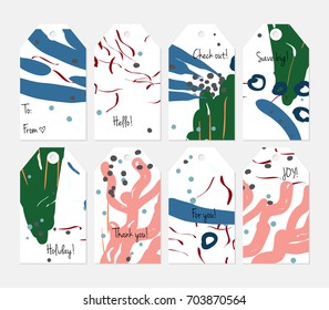 Hand drawn creative tags. Universal shopping, sales, advertising, price tags and product label templates isolated. Abstract artistic doodles. Roughly drawn bright trendy textures. Vector isolated