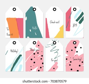Hand drawn creative tags. Universal shopping, sales, advertising, price tags and product label templates isolated. Abstract artistic doodles. Roughly drawn bright trendy textures. Vector isolated