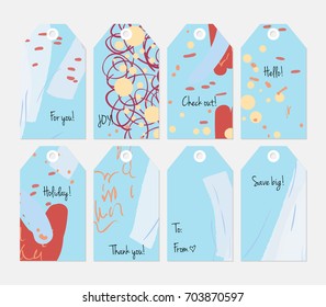Hand drawn creative tags. Universal shopping, sales, advertising, price tags and product label templates isolated. Abstract artistic doodles. Roughly drawn bright trendy textures. Vector isolated