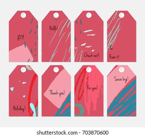 Hand drawn creative tags. Universal shopping, sales, advertising, price tags and product label templates isolated. Abstract artistic doodles. Roughly drawn bright trendy textures. Vector isolated