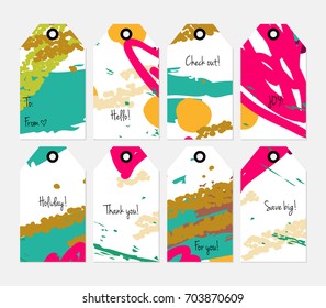 Hand drawn creative tags. Universal shopping, sales, advertising, price tags and product label templates isolated. Abstract artistic doodles. Roughly drawn bright trendy textures. Vector isolated
