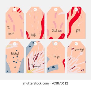 Hand drawn creative tags. Universal shopping, sales, advertising, price tags and product label templates isolated. Abstract artistic doodles. Roughly drawn bright trendy textures. Vector isolated
