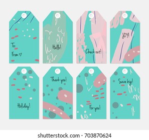 Hand drawn creative tags. Universal shopping, sales, advertising, price tags and product label templates isolated. Abstract artistic doodles. Roughly drawn bright trendy textures. Vector isolated