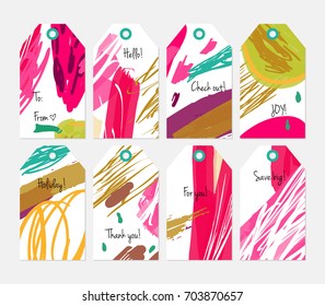 Hand drawn creative tags. Universal shopping, sales, advertising, price tags and product label templates isolated. Abstract artistic doodles. Roughly drawn bright trendy textures. Vector isolated