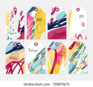 Hand drawn creative tags. Universal shopping, sales, advertising, price tags and product label templates isolated. Abstract artistic doodles. Roughly drawn bright trendy textures. Vector isolated