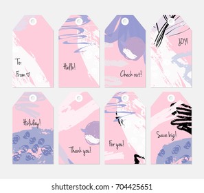 Hand drawn creative tags. Universal shopping, sales, advertising, price tags and product label templates isolated. Abstract artistic doodles. Roughly drawn bright trendy textures. Vector isolated