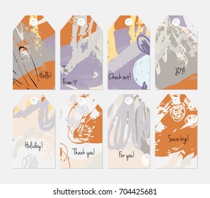 Hand drawn creative tags. Universal shopping, sales, advertising, price tags and product label templates isolated. Abstract artistic doodles. Roughly drawn bright trendy textures. Vector isolated