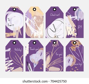 Hand drawn creative tags. Universal shopping, sales, advertising, price tags and product label templates isolated. Abstract artistic doodles. Roughly drawn bright trendy textures. Vector isolated