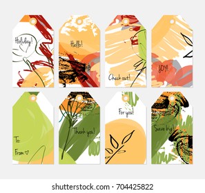 Hand drawn creative tags. Universal shopping, sales, advertising, price tags and product label templates isolated. Abstract artistic doodles. Roughly drawn bright trendy textures. Vector isolated