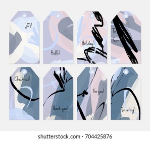 Hand drawn creative tags. Universal shopping, sales, advertising, price tags and product label templates isolated. Abstract artistic doodles. Roughly drawn bright trendy textures. Vector isolated
