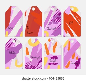 Hand drawn creative tags. Universal shopping, sales, advertising, price tags and product label templates isolated. Abstract artistic doodles. Roughly drawn bright trendy textures. Vector isolated