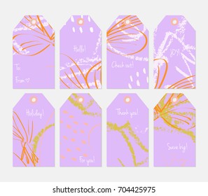 Hand drawn creative tags. Universal shopping, sales, advertising, price tags and product label templates isolated. Abstract artistic doodles. Roughly drawn bright trendy textures. Vector isolated