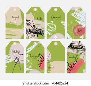 Hand drawn creative tags. Universal shopping, sales, advertising, price tags and product label templates isolated. Abstract artistic doodles. Roughly drawn bright trendy textures. Vector isolated