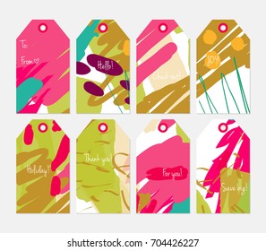 Hand drawn creative tags. Universal shopping, sales, advertising, price tags and product label templates isolated. Abstract artistic doodles. Roughly drawn bright trendy textures. Vector isolated