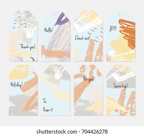 Hand drawn creative tags. Universal shopping, sales, advertising, price tags and product label templates isolated. Abstract artistic doodles. Roughly drawn bright trendy textures. Vector isolated
