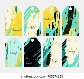 Hand drawn creative tags. Universal shopping, sales, advertising, price tags and product label templates isolated. Abstract artistic doodles. Roughly drawn bright trendy textures. Vector isolated.