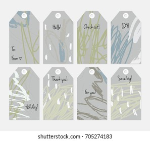 Hand drawn creative tags. Universal shopping, sales, advertising, price tags and product label templates isolated. Abstract artistic doodles. Roughly drawn bright trendy textures. Vector isolated.