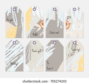Hand drawn creative tags. Universal shopping, sales, advertising, price tags and product label templates isolated. Abstract artistic doodles. Roughly drawn bright trendy textures. Vector isolated.