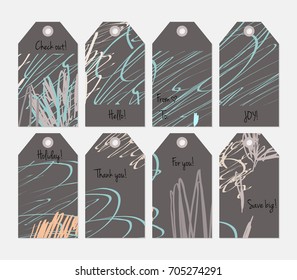 Hand drawn creative tags. Universal shopping, sales, advertising, price tags and product label templates isolated. Abstract artistic doodles. Roughly drawn bright trendy textures. Vector isolated.