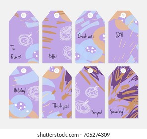 Hand drawn creative tags. Universal shopping, sales, advertising, price tags and product label templates isolated. Abstract artistic doodles. Roughly drawn bright trendy textures. Vector isolated.