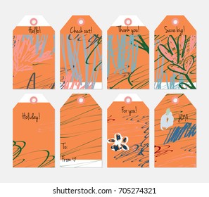 Hand drawn creative tags. Universal shopping, sales, advertising, price tags and product label templates isolated. Abstract artistic doodles. Roughly drawn bright trendy textures. Vector isolated.