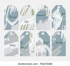 Hand drawn creative tags. Universal shopping, sales, advertising, price tags and product label templates isolated. Abstract artistic doodles. Roughly drawn bright trendy textures. Vector isolated.