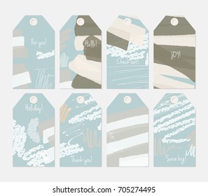 Hand drawn creative tags. Universal shopping, sales, advertising, price tags and product label templates isolated. Abstract artistic doodles. Roughly drawn bright trendy textures. Vector isolated.