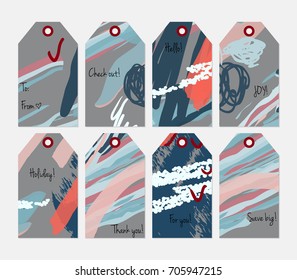 Hand drawn creative tags. Universal shopping, sales, advertising, price tags and product label templates isolated. Abstract artistic doodles. Roughly drawn bright trendy textures. Vector isolated