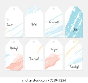 Hand drawn creative tags. Universal shopping, sales, advertising, price tags and product label templates isolated. Abstract artistic doodles. Roughly drawn bright trendy textures. Vector isolated