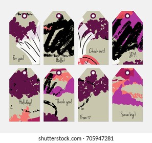 Hand drawn creative tags. Universal shopping, sales, advertising, price tags and product label templates isolated. Abstract artistic doodles. Roughly drawn bright trendy textures. Vector isolated