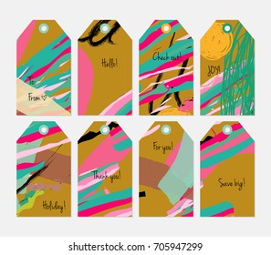 Hand drawn creative tags. Universal shopping, sales, advertising, price tags and product label templates isolated. Abstract artistic doodles. Roughly drawn bright trendy textures. Vector isolated
