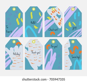 Hand drawn creative tags. Universal shopping, sales, advertising, price tags and product label templates isolated. Abstract artistic doodles. Roughly drawn bright trendy textures. Vector isolated