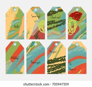 Hand drawn creative tags. Universal shopping, sales, advertising, price tags and product label templates isolated. Abstract artistic doodles. Roughly drawn bright trendy textures. Vector isolated