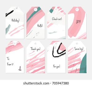 Hand drawn creative tags. Universal shopping, sales, advertising, price tags and product label templates isolated. Abstract artistic doodles. Roughly drawn bright trendy textures. Vector isolated