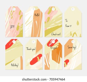 Hand drawn creative tags. Universal shopping, sales, advertising, price tags and product label templates isolated. Abstract artistic doodles. Roughly drawn bright trendy textures. Vector isolated