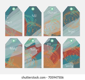 Hand drawn creative tags. Universal shopping, sales, advertising, price tags and product label templates isolated. Abstract artistic doodles. Roughly drawn bright trendy textures. Vector isolated