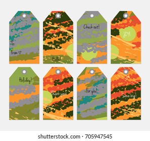 Hand drawn creative tags. Universal shopping, sales, advertising, price tags and product label templates isolated. Abstract artistic doodles. Roughly drawn bright trendy textures. Vector isolated