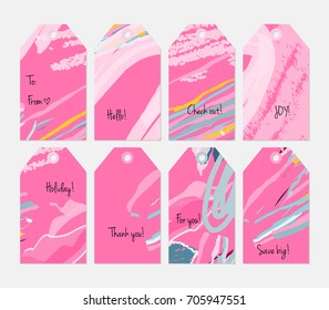 Hand drawn creative tags. Universal shopping, sales, advertising, price tags and product label templates isolated. Abstract artistic doodles. Roughly drawn bright trendy textures. Vector isolated